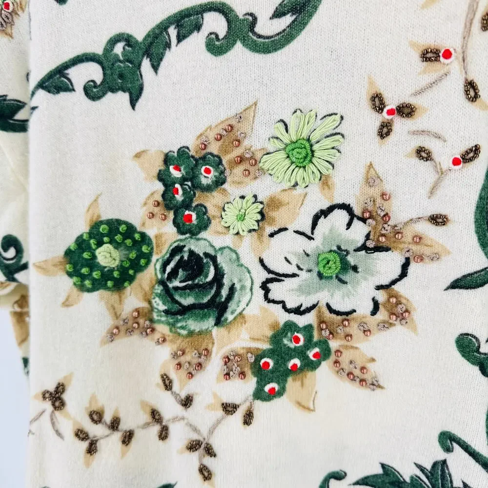 Vintage‎ La Mattini Embellished Floral Sweater Cream Green Beaded Knit Size S